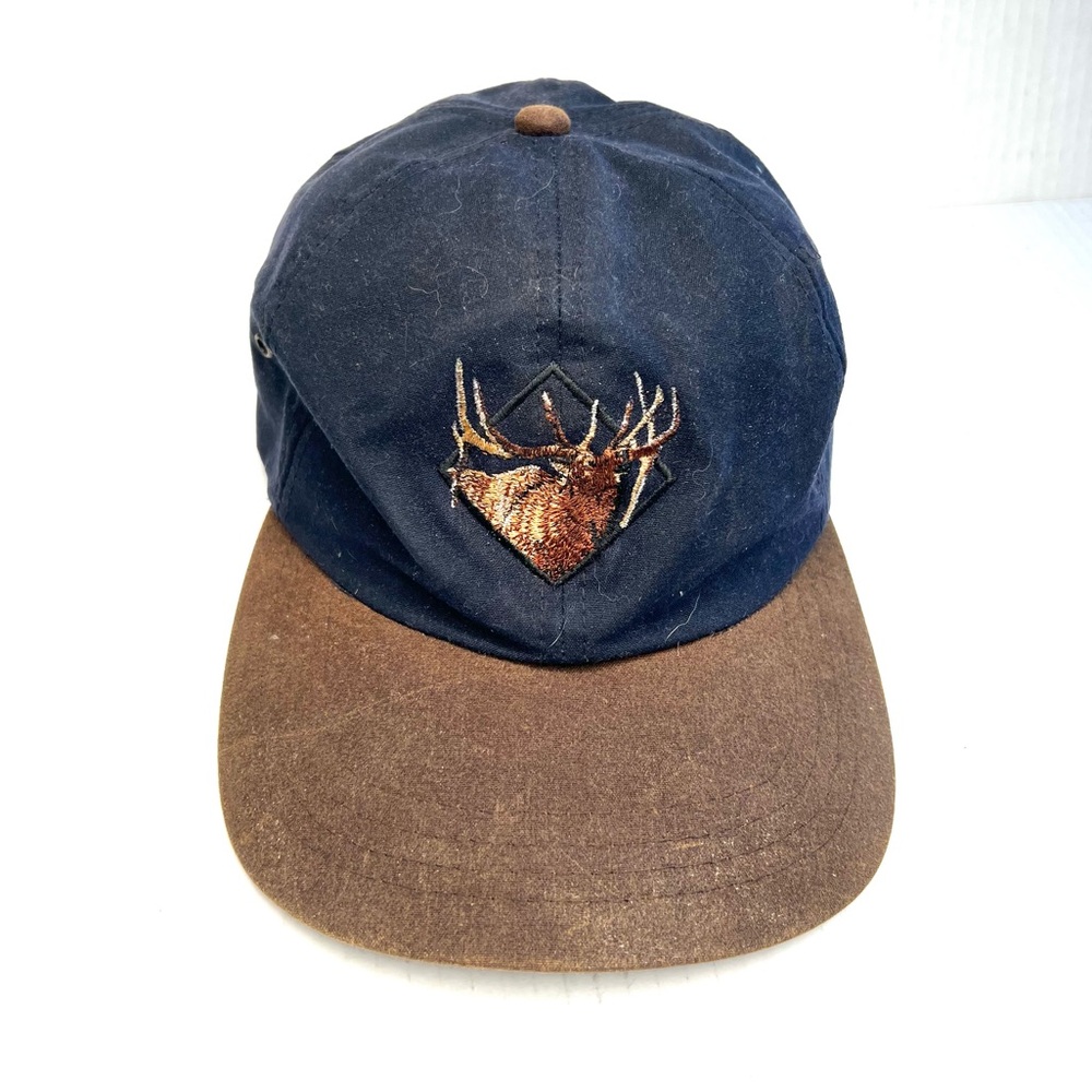 Navy and Brown Cap with Deer Embroidery Adjustable Hat VTG